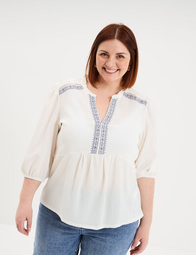 Blouse manches ballons 3/4 ecru femme grande taille