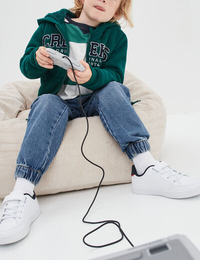 Sweat zippé à capuche fourré vert foncé garçon