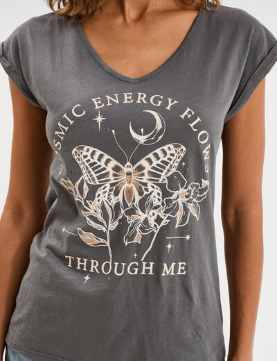 T-shirt coton col en V manches courtes gris anthracite femme