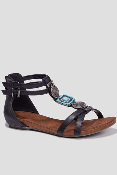 Sandales zippées avec détails bijoux noir femme