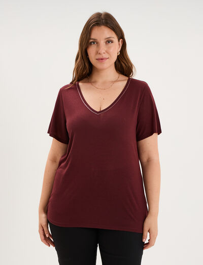 T-shirt manches courtes col V violet fonc&eacute; femme grande taille