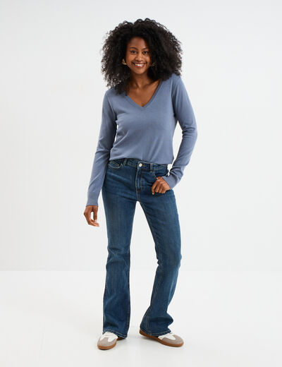 Pull col en V manches longues bleu gris femme