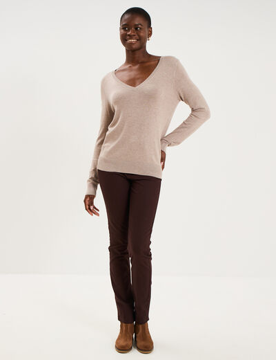 Pull col en V manches longues beige femme