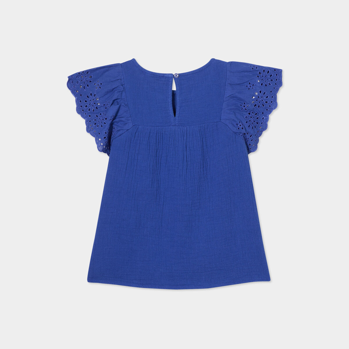 Blouse broderie anglaise gaze de coton bleu roi fille