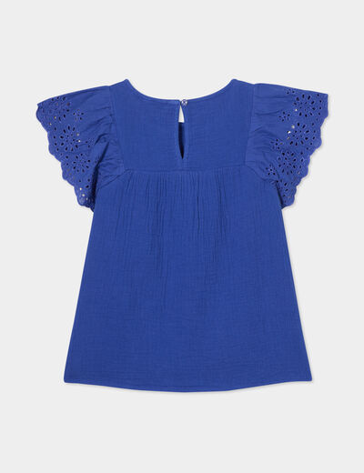 Blouse broderie anglaise gaze de coton bleu roi fille
