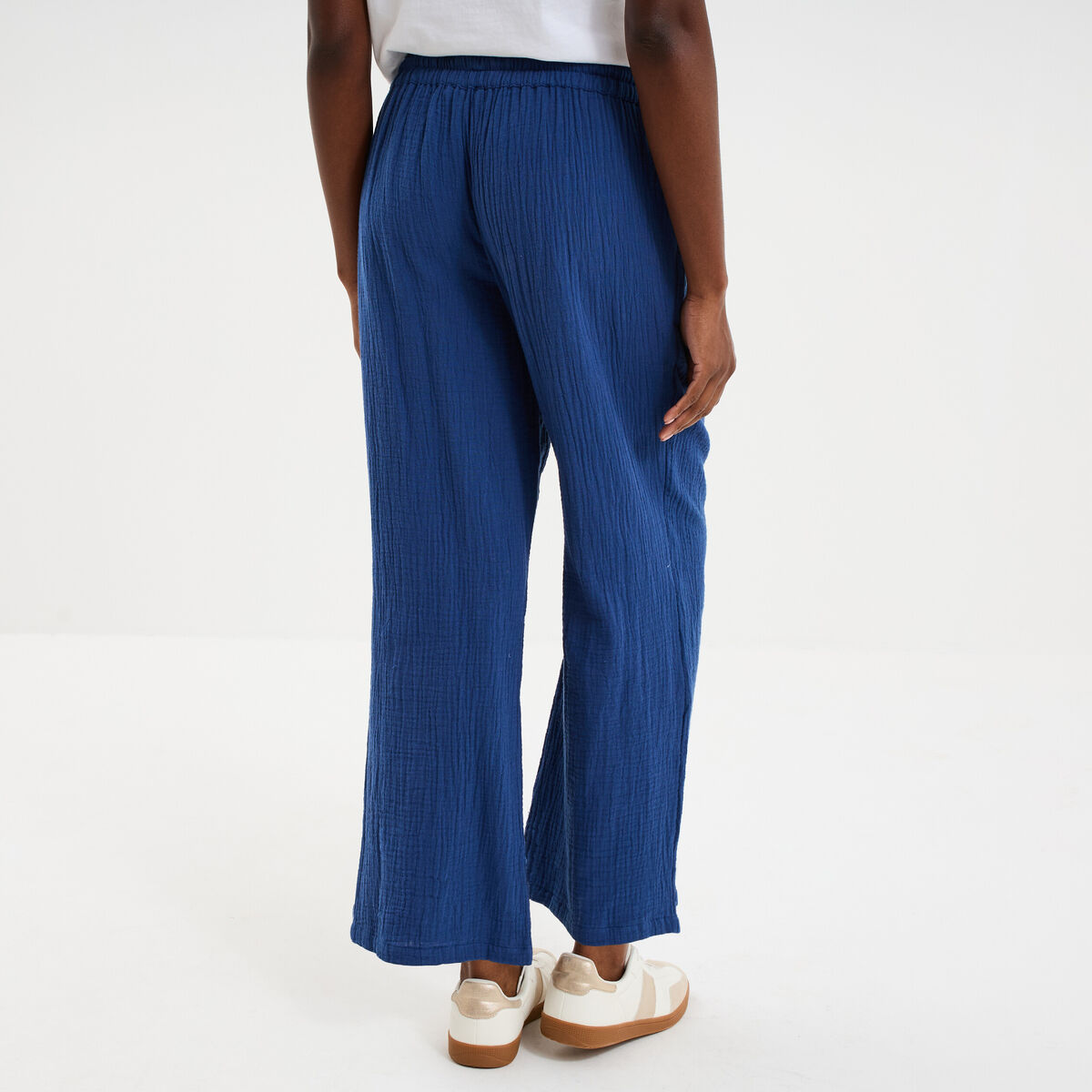 Pantalon fluide &eacute;lastiqu&eacute; gaze de coton bleu marine femme