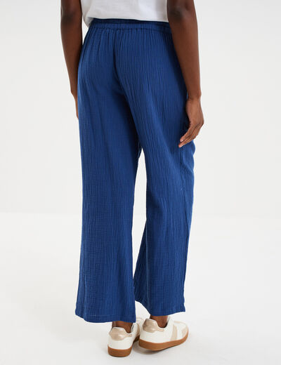 Pantalon fluide &eacute;lastiqu&eacute; gaze de coton bleu marine femme