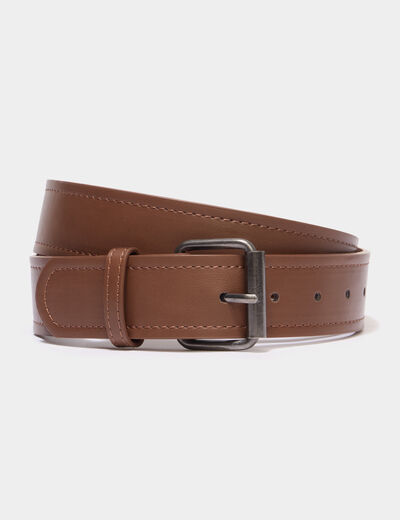 Ceinture &agrave; boucle carr&eacute;e marron cognac homme