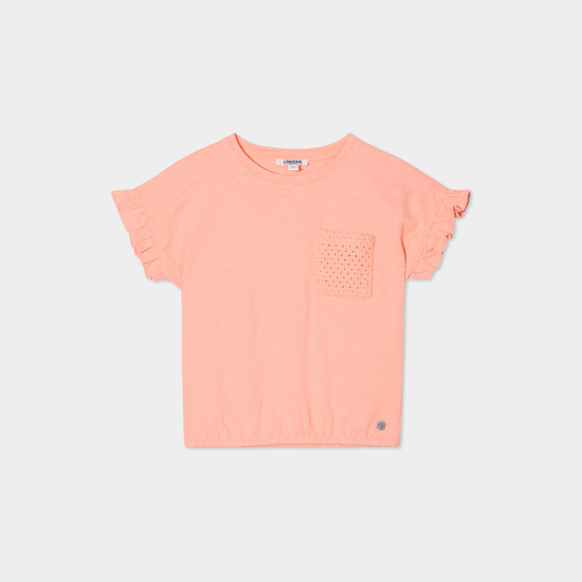 T-shirt poche broderie anglaise coton rose saumon fille
