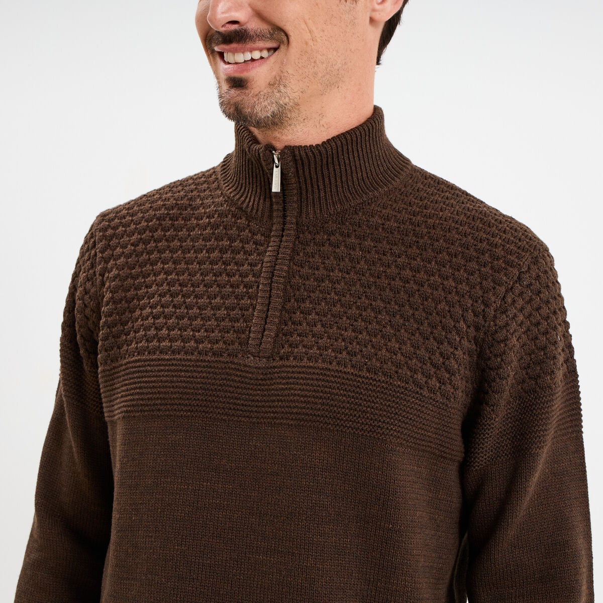 Pull col camionneur zipp&eacute; marron fonc&eacute; homme
