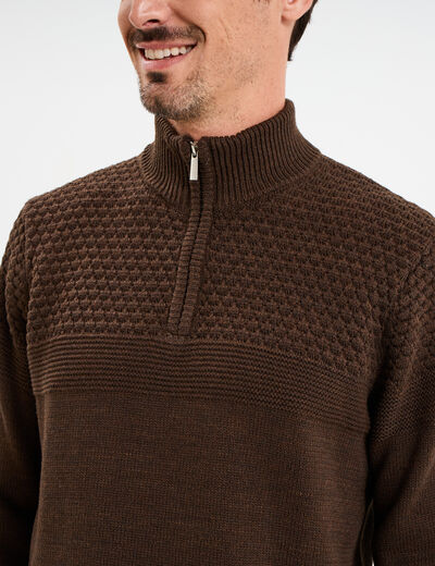 Pull col camionneur zipp&eacute; marron fonc&eacute; homme