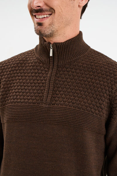 Pull col camionneur zipp&eacute; marron fonc&eacute; homme