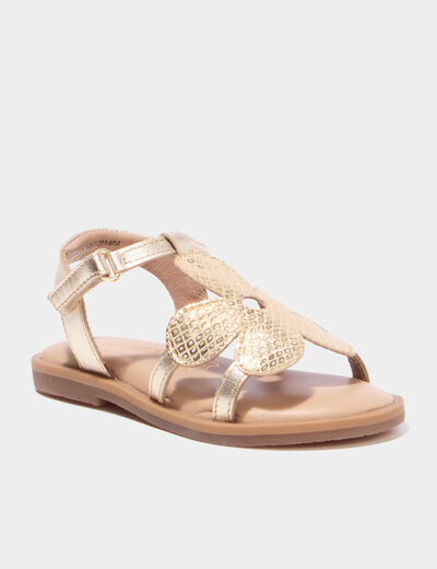 Sandales en cuir fleur bride scratch jaune or fille