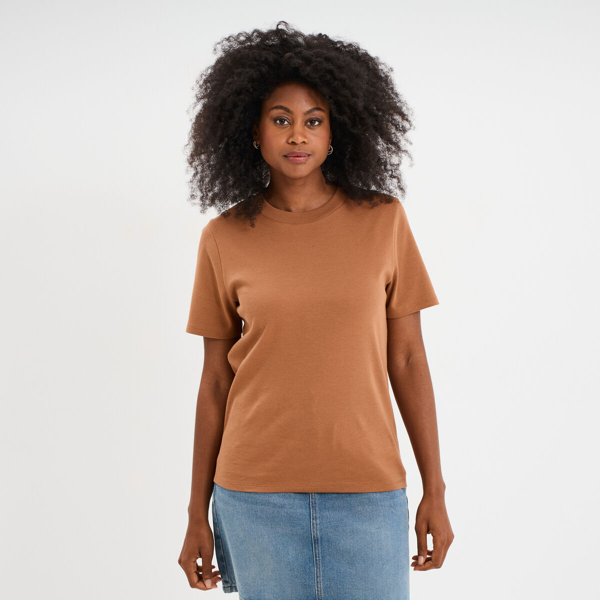 T-shirt col rond manches courtes coton marron clair femme