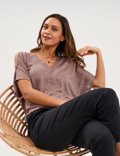 T-shirt fluide &eacute;paules d&eacute;nud&eacute;es col en V marron cognac femme