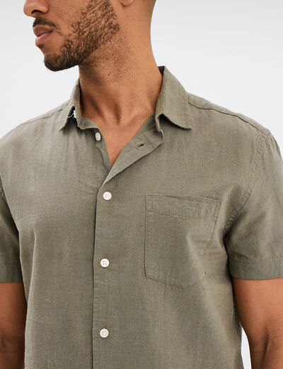 Chemise manches courtes lin mélangé vert kaki homme