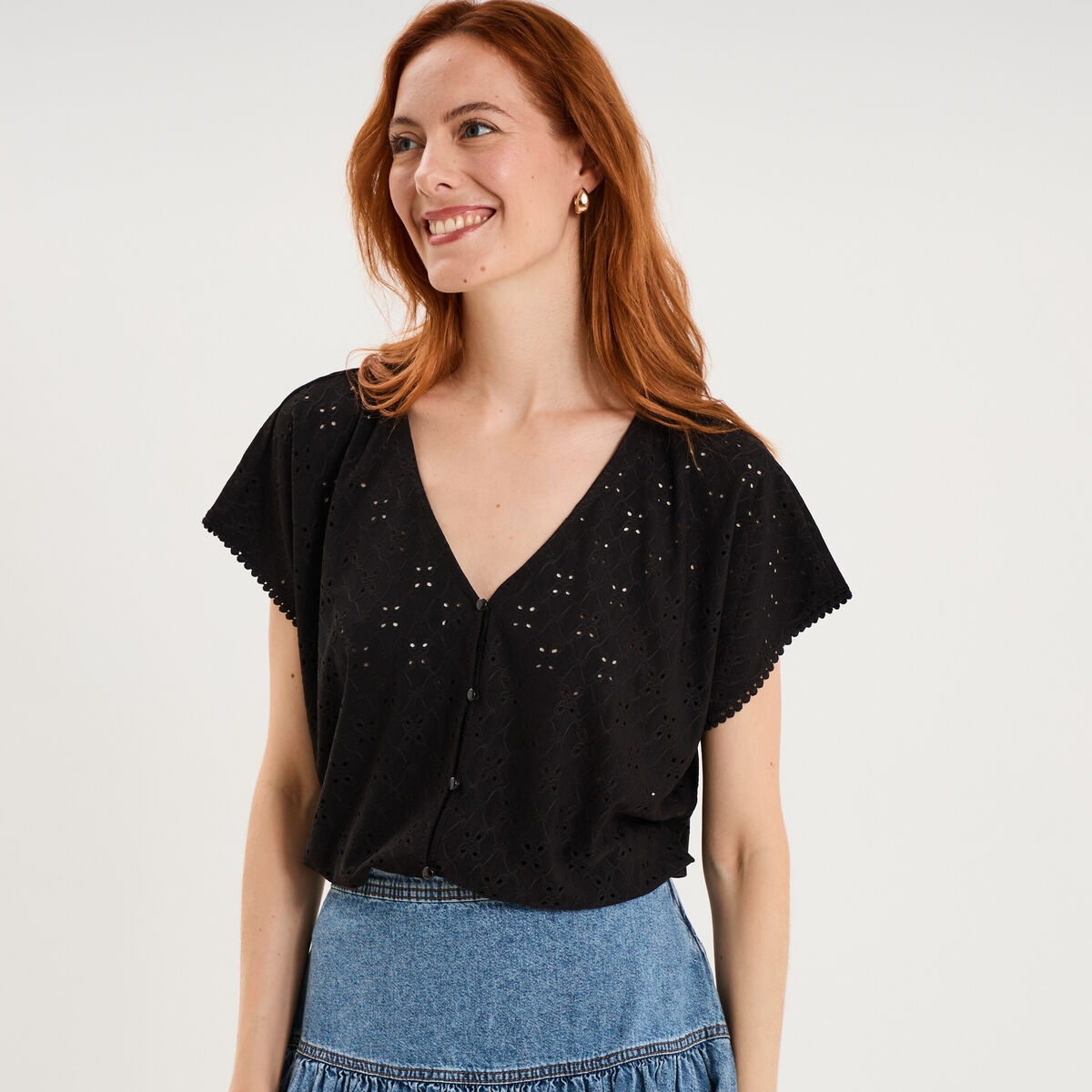 T-shirt dentelle avec boutons noir femme