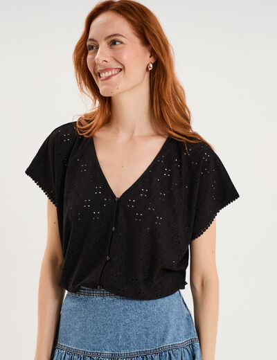 T-shirt dentelle avec boutons noir femme