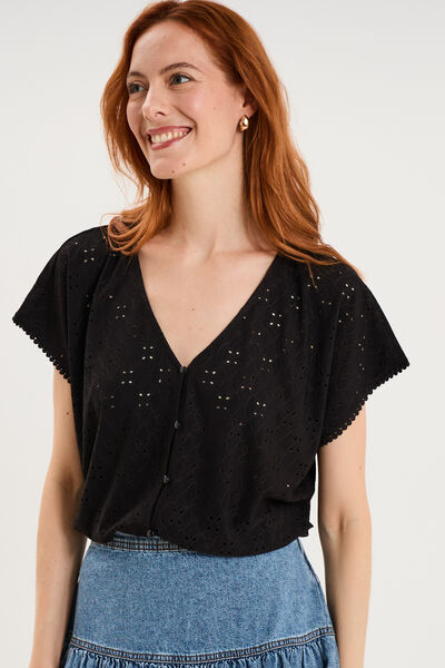 T-shirt dentelle avec boutons noir femme