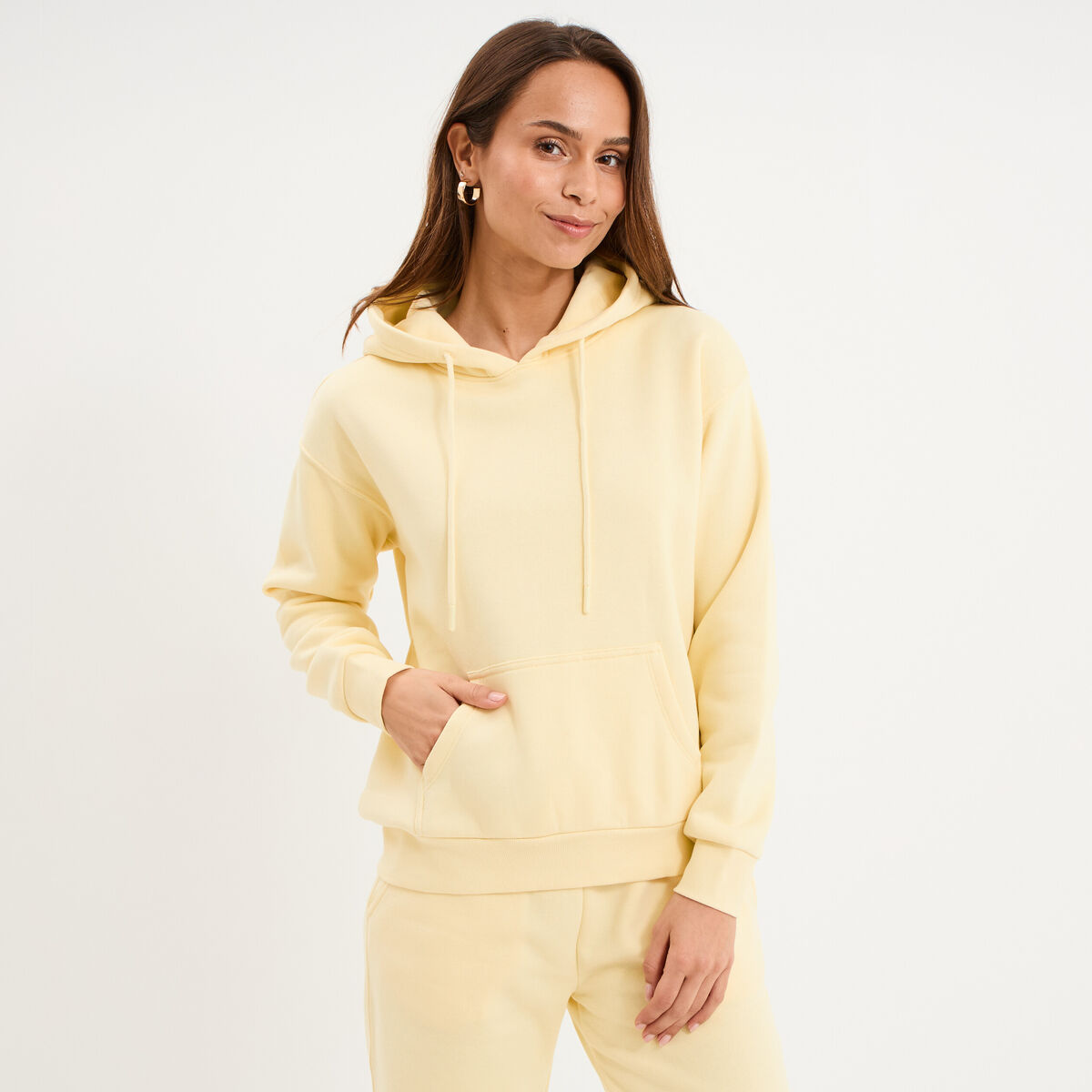 Sweat hoodie molleton &agrave; capuche jaune clair femme
