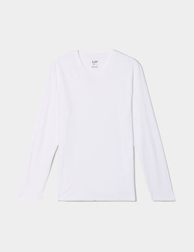 T-shirt col en V manches longues coton blanc homme