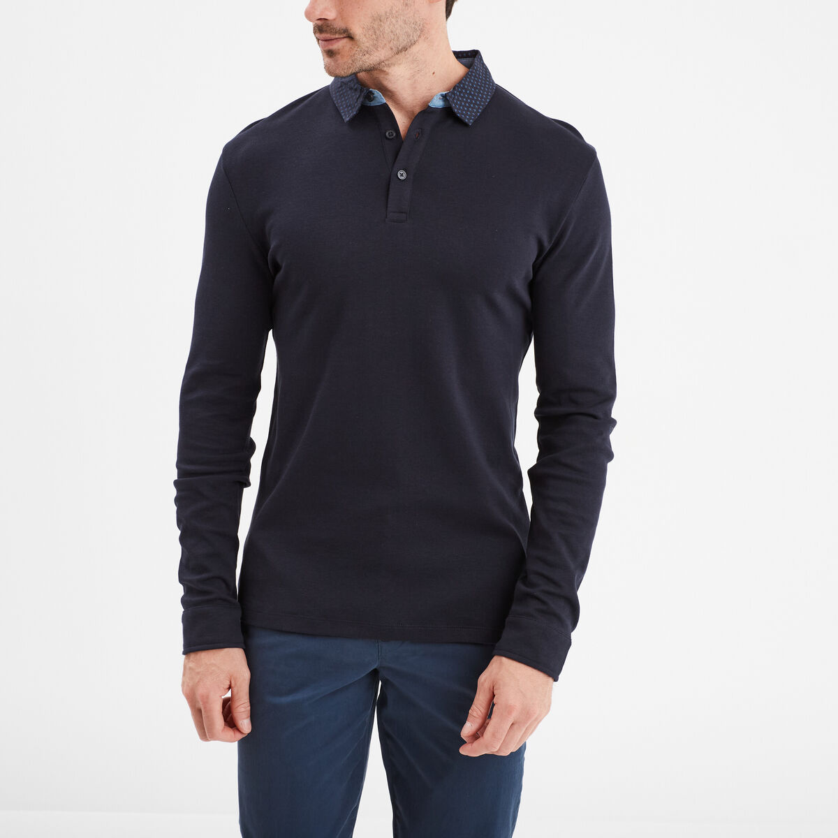 Polo manches longues coton bleu foncé homme