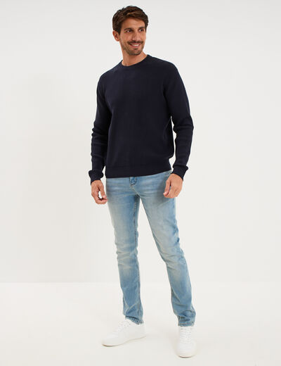 Pull en maille textur&eacute;e col rond bleu marine homme