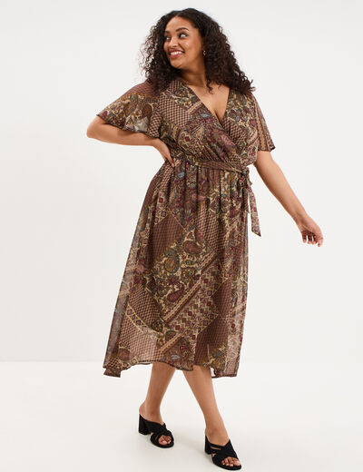 Robe longue fluide col en V ceintur&eacute;e vert kaki femme grande taille