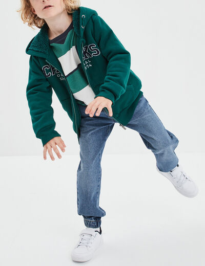 Sweat zippé à capuche fourré vert foncé garçon