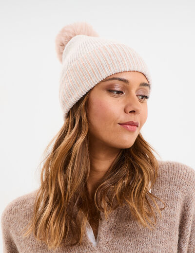Bonnet &agrave; pompon fausse fourrure sable femme