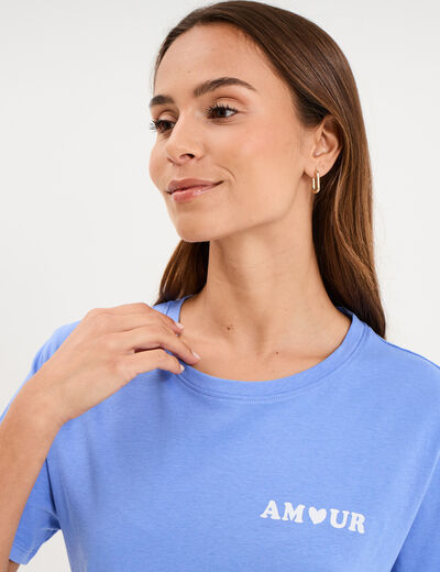 T-shirt col rond manches courtes coton bleu lavande femme