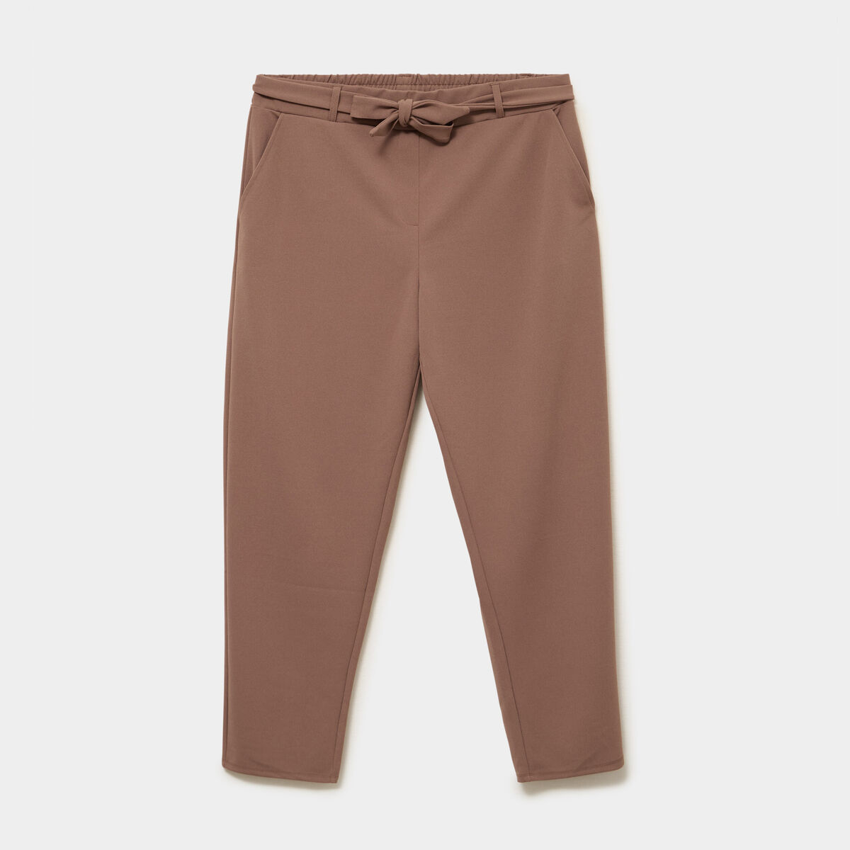 Pantalon cigarette ceintur&eacute; effet cr&ecirc;pe marron clair femme grande taille