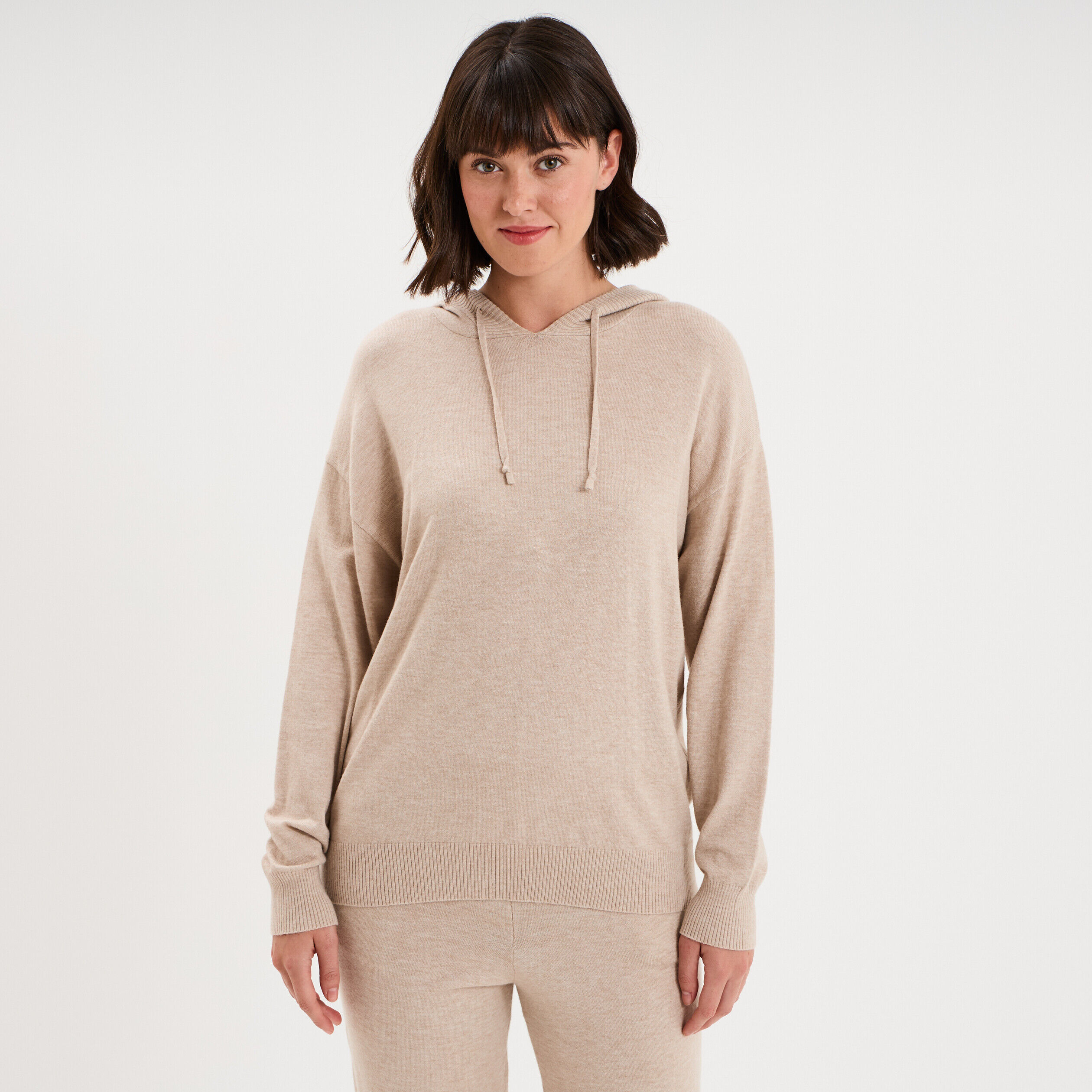 Haut de pyjama hoodie manches longues beige femme