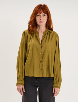 Blouse manches longues col dentelle vert olive femme