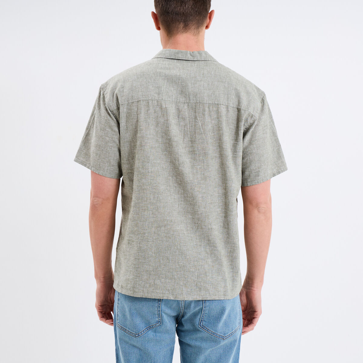 Chemise manches courtes mélange lin vert kaki homme