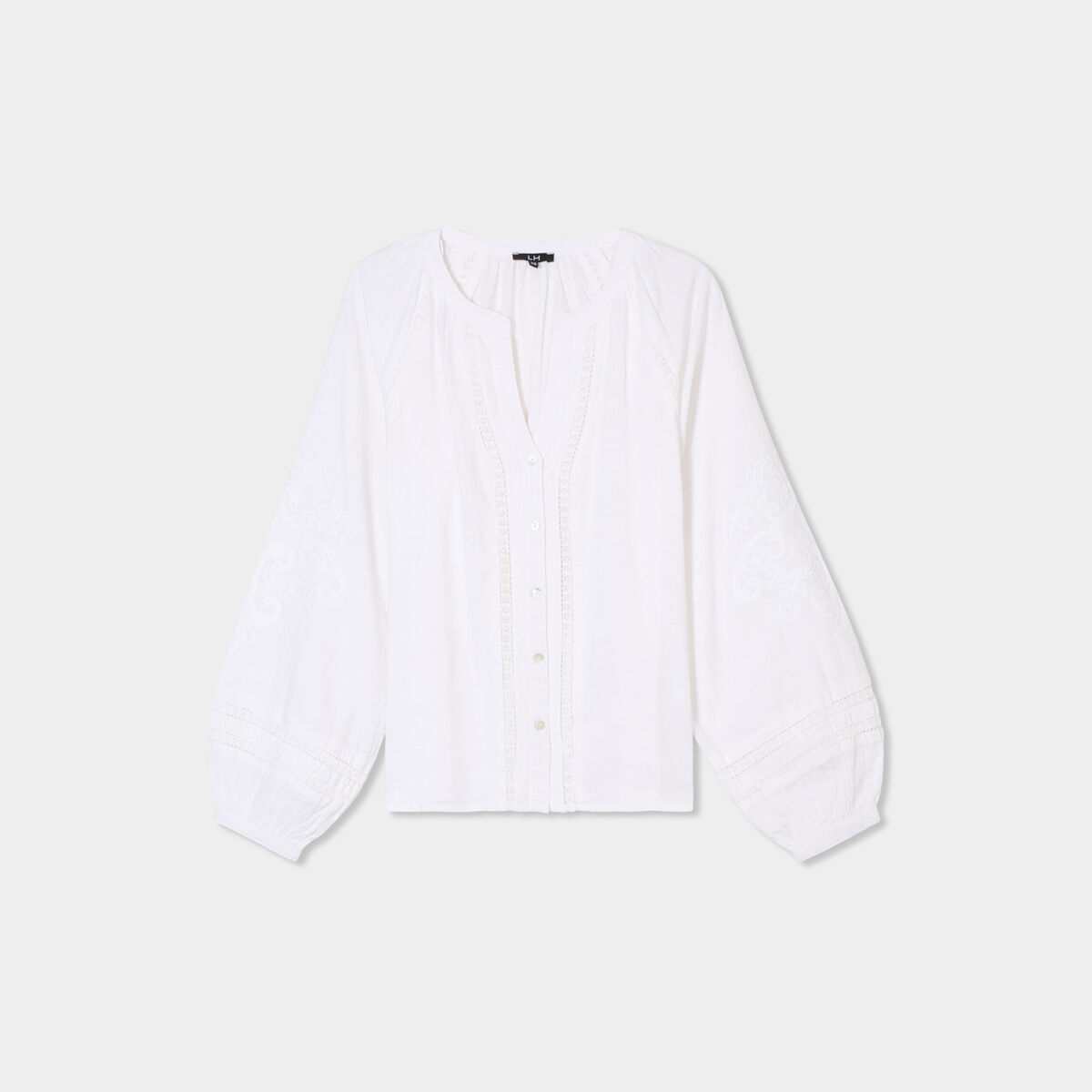 Blouse manches ballons brodées blanc femme
