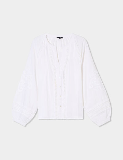 Blouse manches ballons brodées blanc femme