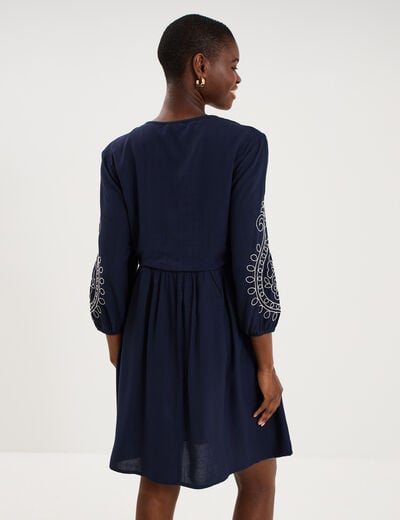 Robe courte brod&eacute;e manches 3/4 bleu fonc&eacute; femme