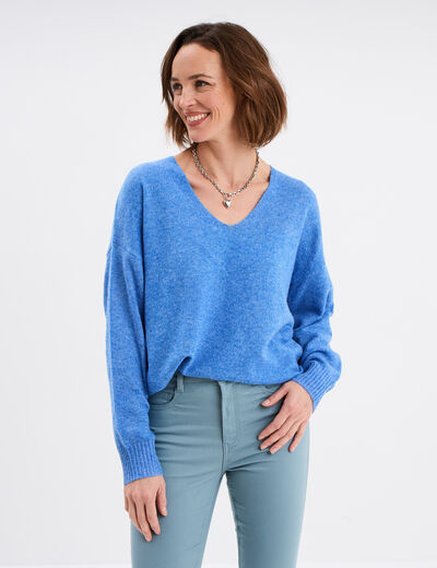 Pull col en V manches longues bleu femme