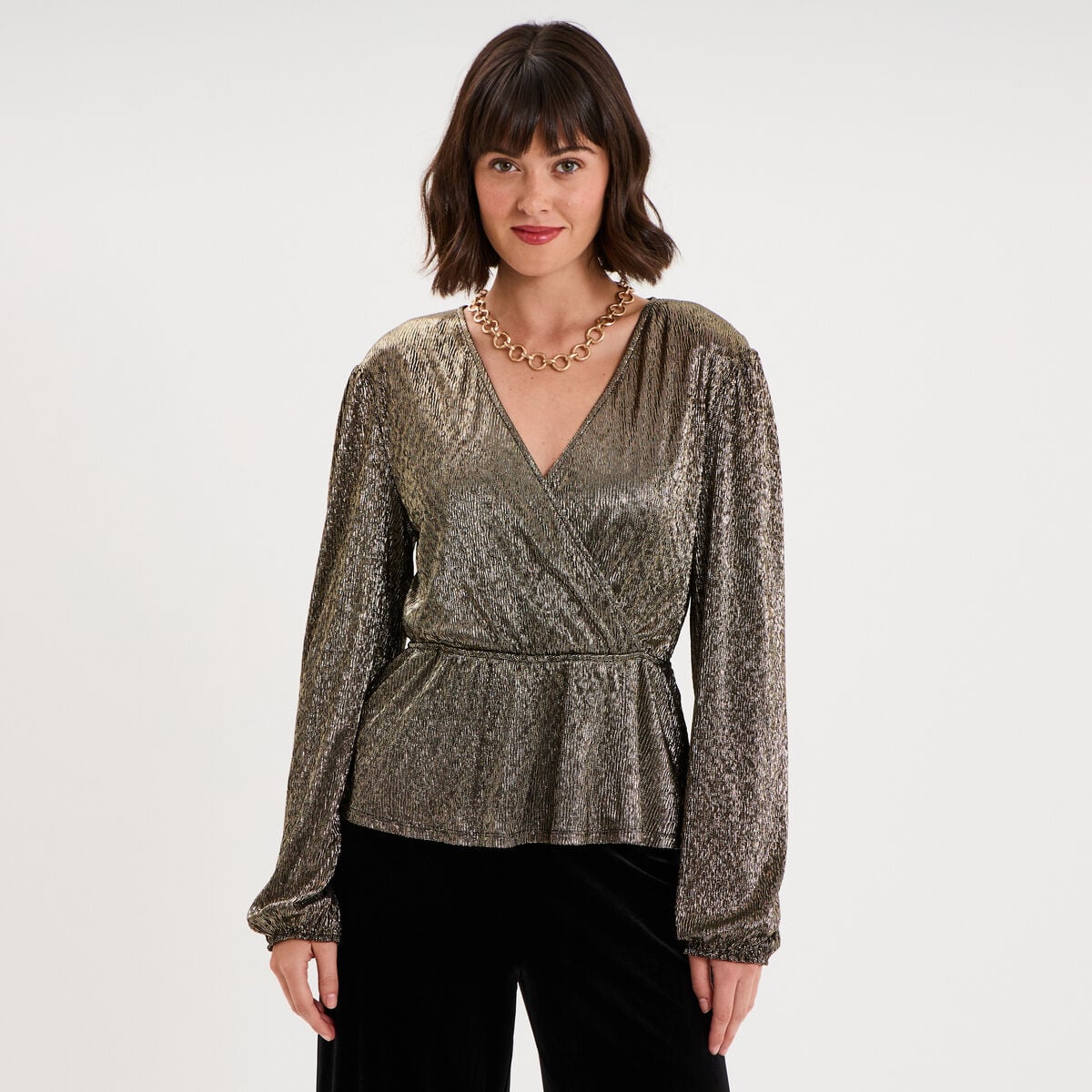 Blouse cache-coeur manches longues jaune or femme