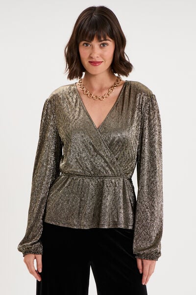 Blouse cache-coeur manches longues jaune or femme
