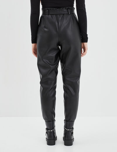 Pantalon simili cuir paperbag noir femme