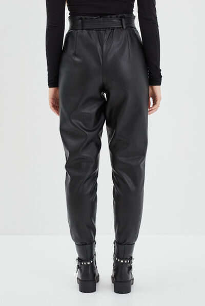 Pantalon simili cuir paperbag noir femme