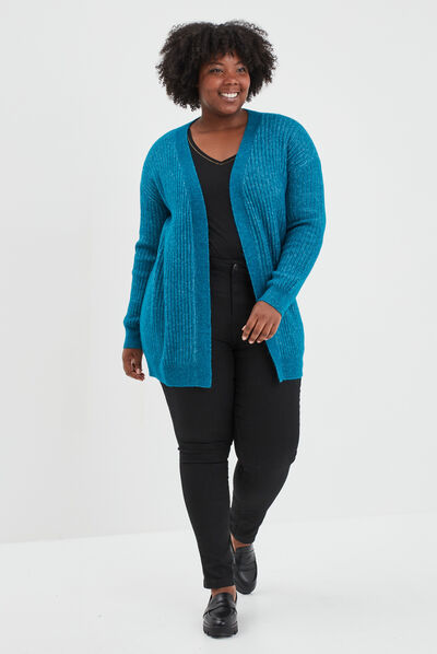 Gilet long côtelé col châle bleu canard femme grande taille