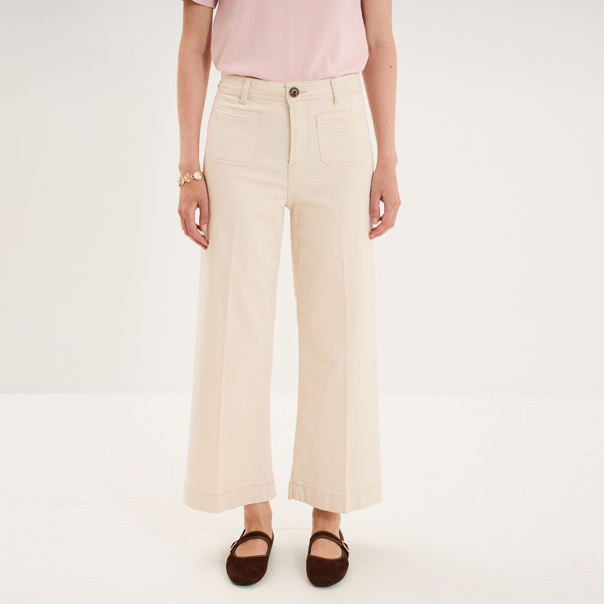Pantalon large poche plaqu&eacute;e cropped ivoire femme