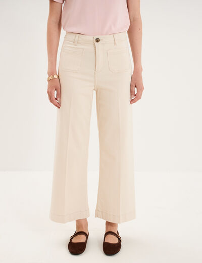 Pantalon large poche plaqu&eacute;e cropped ivoire femme