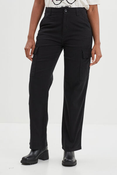 Pantalon cargo droit noir femme