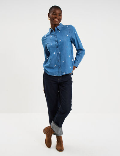 Chemise en jean brod&eacute;e bleu femme