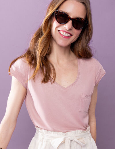 T-shirt col v poche poitrine Creeks rose poudrée femme