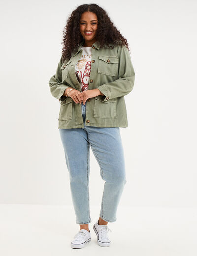 Veste boutonn&eacute;e poches &agrave; rabat vert kaki femme grande taille